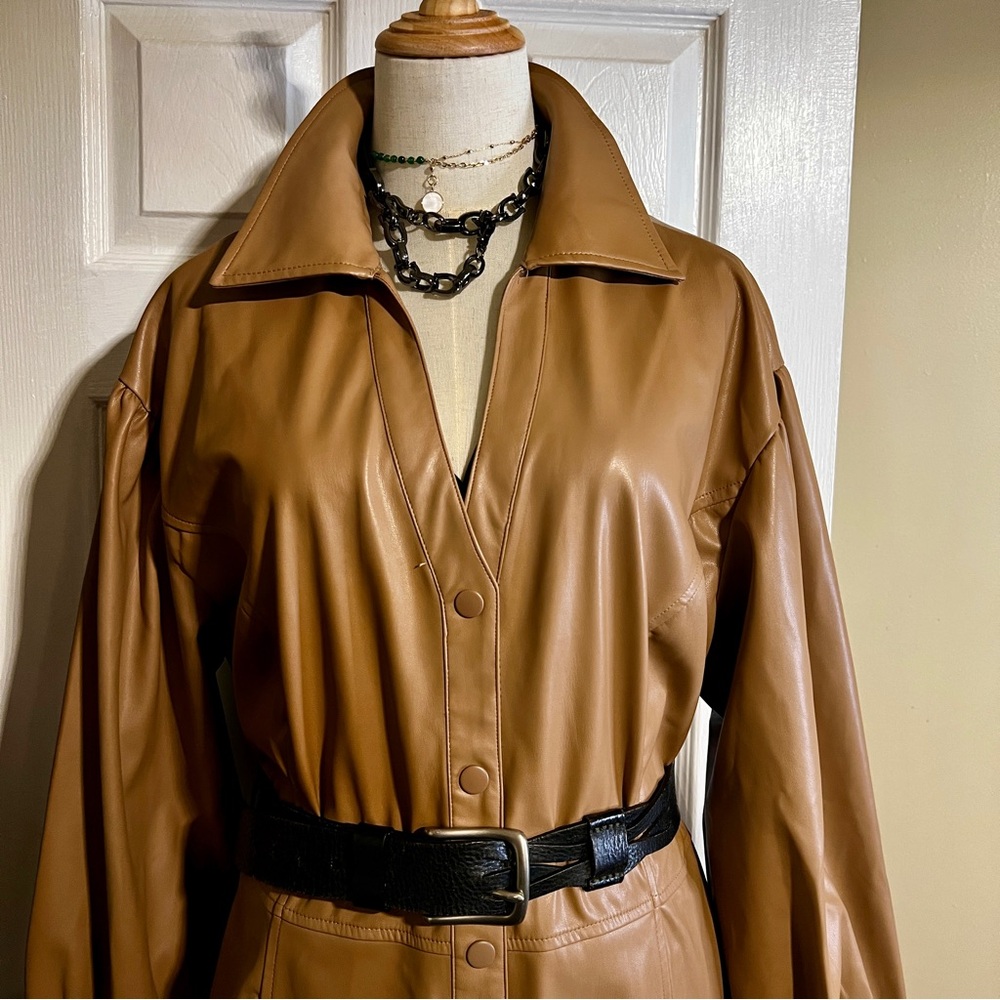Womens Caramel Faux Leather Retro Puff Sleeve Boho Button Duster Dress Coat 1XP - Picture 3 of 16